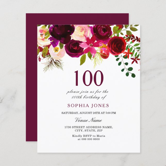 Burgundy Flowers Budget 100th Birthday Invitation (Front/Back)