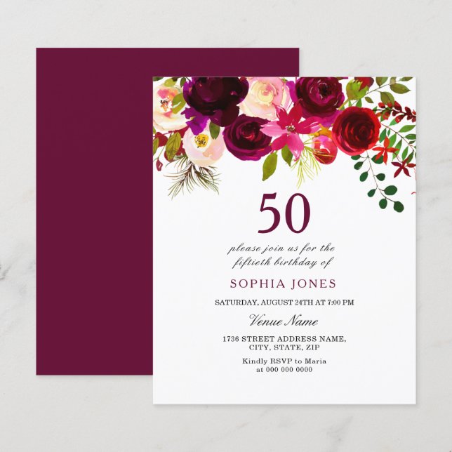 Burgundy Flowers Budget 50th Birthday Invitation (Front/Back)