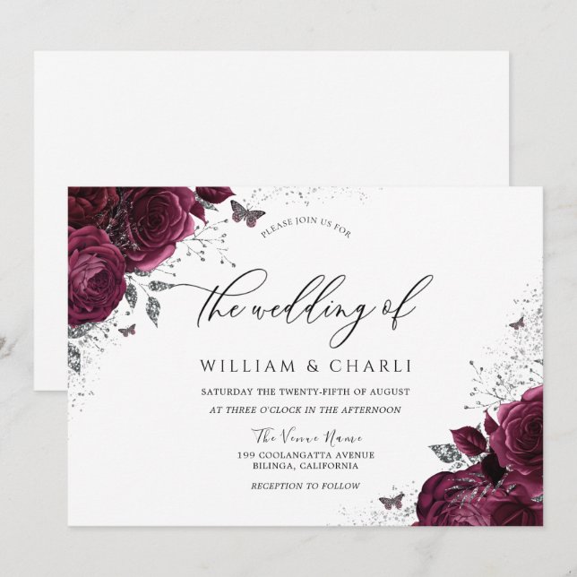 Burgundy Flowers Butterfly Wedding Invitation (Front/Back)