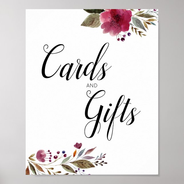 Burgundy Flowers Cards and Gifts Table Wedding Poster (Front)