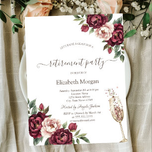 Burgundy Flowers,Champagne Glass Retirement Invitation