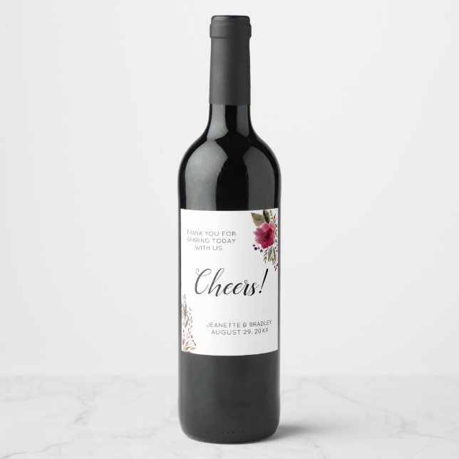 Burgundy Flowers Cheers Thank You Wedding Wine Label (Front)