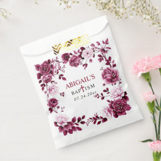 Burgundy flowers Chinoiserie floral girl Baptism Favour Bags
