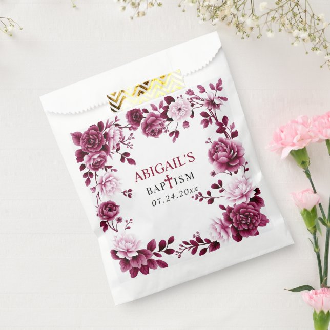 Burgundy flowers Chinoiserie floral girl Baptism Favour Bags (Sealed)