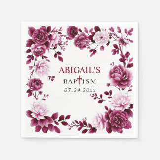 Burgundy flowers Chinoiserie floral girl Baptism Napkin