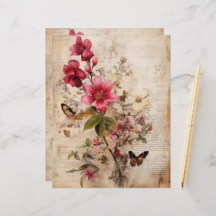 Burgundy flowers collage on worn look bakground