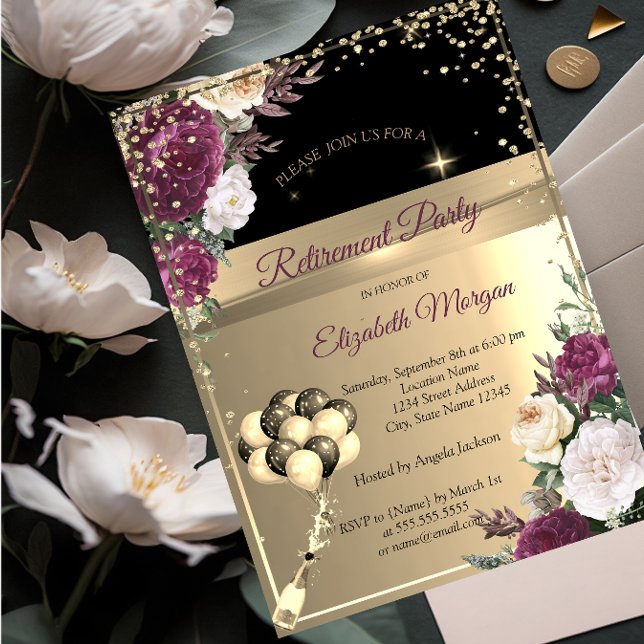 Burgundy Flowers,Diamonds Ballons Retirement Party Invitation (Creator Uploaded)