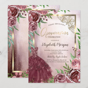 Burgundy Flowers Dress Gold Frame Quinceanera Invitation