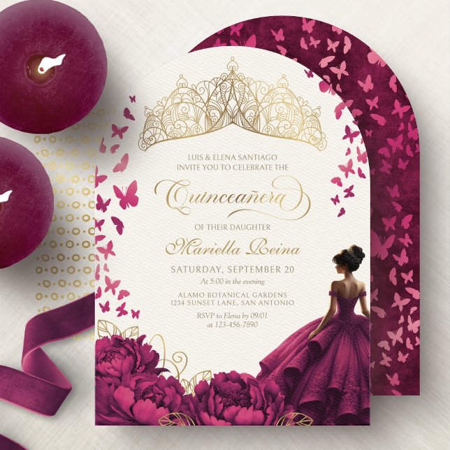 Burgundy Flowers Dress Princess Quinceanera Invitation (Creator Uploaded)