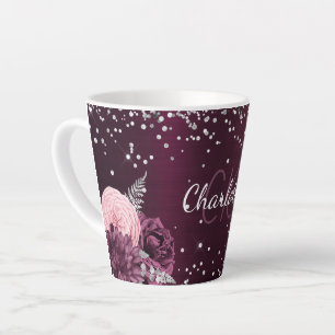 Burgundy flowers elegant monogram name latte mug