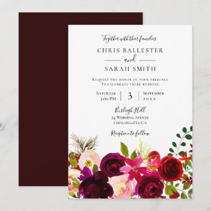Burgundy Flowers Elegant Spring Wedding Invitation