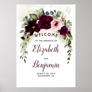 Burgundy Flowers Elegant Wedding Welcome Sign