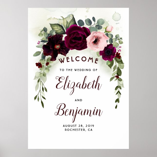 Burgundy Flowers Elegant Wedding Welcome Sign (Front)