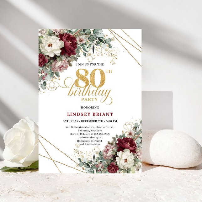 Burgundy Flowers Eucalyptus Gold 80th Birthday Invitation (Burgundy Flowers Eucalyptus Gold 80th Birthday)