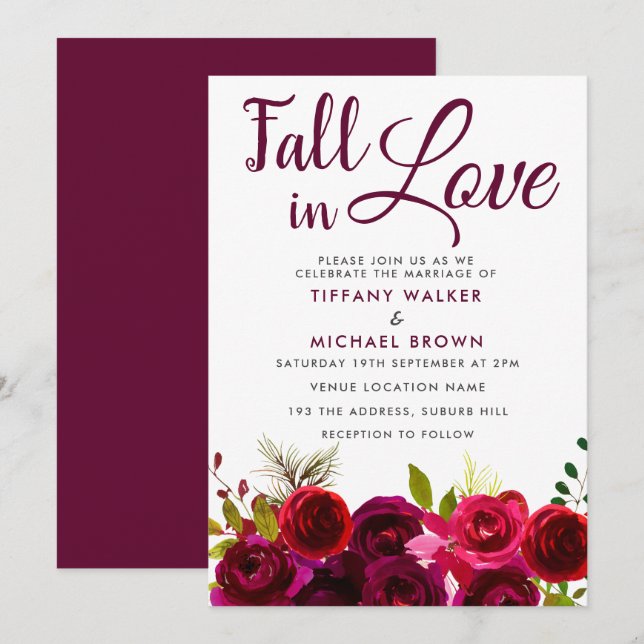 Burgundy Flowers Fall In Love Wedding Invitation (Front/Back)