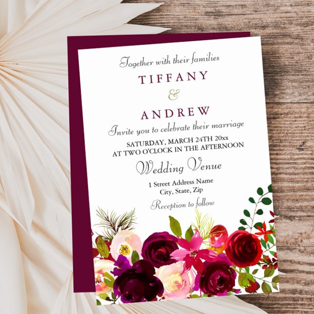 Burgundy Flowers Floral Elegant Summer Wedding Invitation (Creator Uploaded)