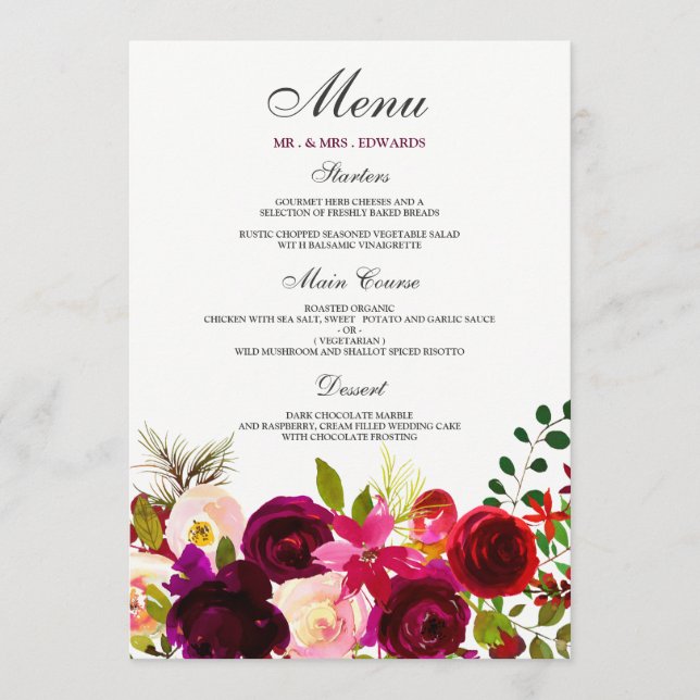 Burgundy Flowers Floral Elegant Wedding Menu (Front)