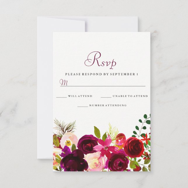 Burgundy Flowers Floral Elegant Wedding RSVP Card (Front)