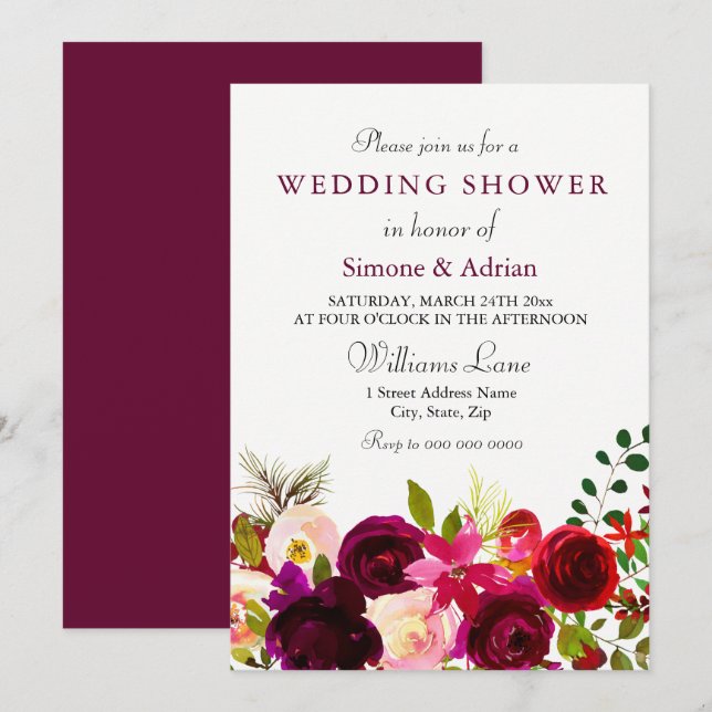 Burgundy Flowers Floral Elegant Wedding Shower Invitation (Front/Back)