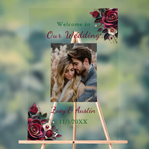 Burgundy Flowers, Foliage and Pearls Personalised  Acrylic Sign