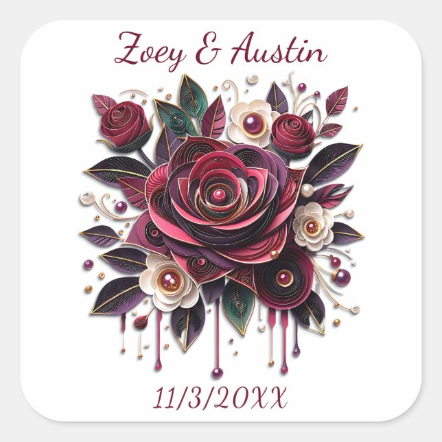 Burgundy Flowers, Foliage and Pearls Personalised  Square Sticker (Front)
