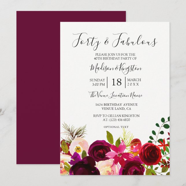 Burgundy Flowers Forty & Fabulous 40th Birthday Invitation (Front/Back)