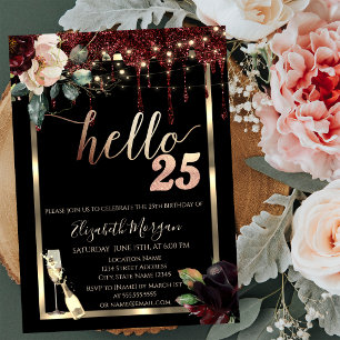 Burgundy Flowers,Frame,Champagne 25th Birthday Invitation