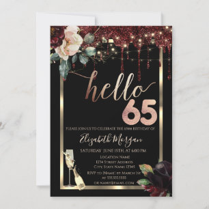 Burgundy Flowers,Frame,Champagne 65th Birthday Invitation