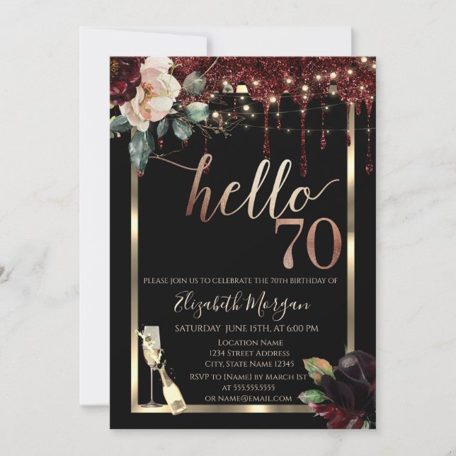 Burgundy Flowers,Frame,Champagne 70th Birthday Invitation (Front)