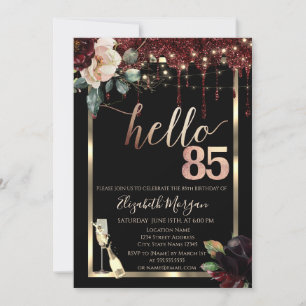 Burgundy Flowers,Frame,Champagne 85th Birthday Invitation