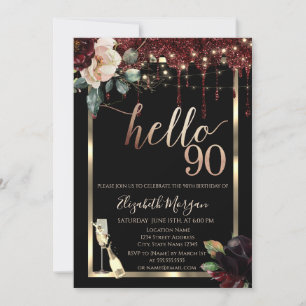 Burgundy Flowers,Frame,Champagne 90th Birthday Invitation