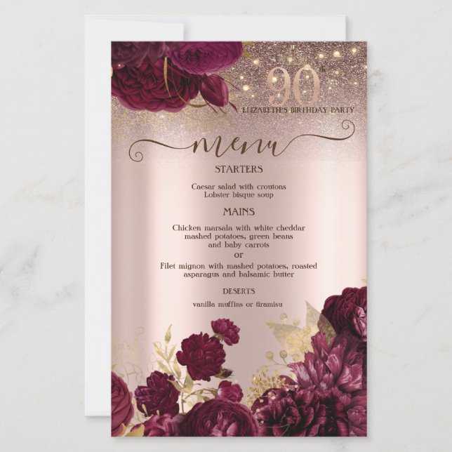 Burgundy Flowers Glitter 90th Birthday Menu Card (Front)