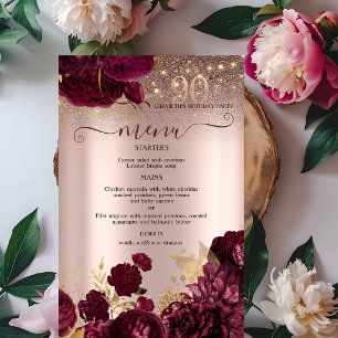 Burgundy Flowers Glitter 90th Birthday Menu Card