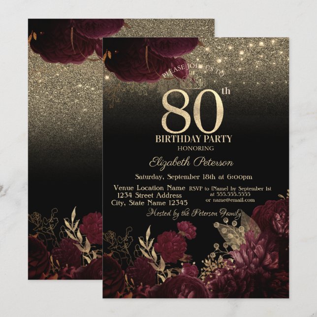  Burgundy Flowers Glitter Black 80thBirthday   Invitation (Front/Back)