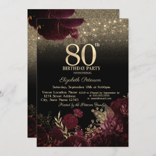  Burgundy Flowers Glitter Black 80thBirthday   Invitation