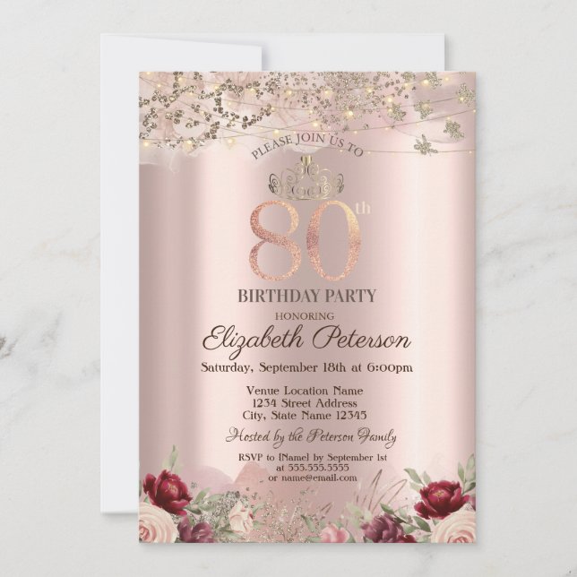 Burgundy Flowers Glitter Border Rose Gold 80TH Invitation (Front)