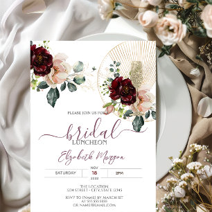 Burgundy Flowers Glitter Glass Bridal Luncheon Invitation
