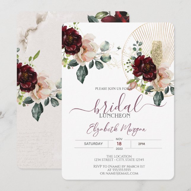 Burgundy Flowers Glitter Glass Bridal Luncheon   Invitation (Front/Back)