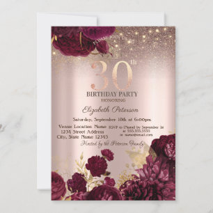  Burgundy Flowers Glitter Rose Gold 30thBirthday   Invitation