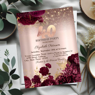 Burgundy Flowers Glitter Rose Gold 40thBirthday Invitation