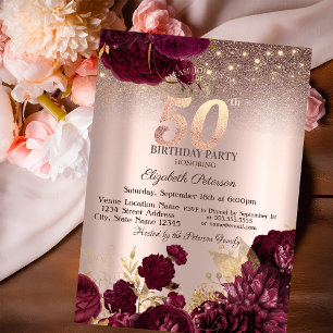  Burgundy Flowers Glitter Rose Gold 50thBirthday   Invitation