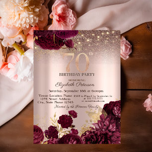 Burgundy Flowers Glitter Rose Gold 70th Birthday Invitation