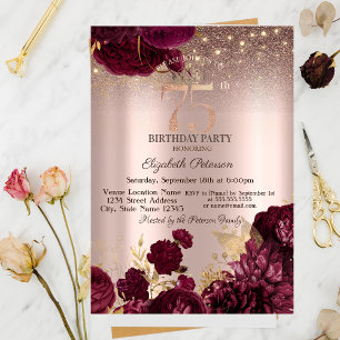 Burgundy Flowers Glitter Rose Gold 75th Birthday Invitation