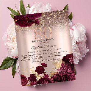 Burgundy Flowers Glitter Rose Gold 80th Birthday Invitation