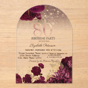 Burgundy Flowers Glitter Rose Gold 80thBirthday Acrylic Invitations