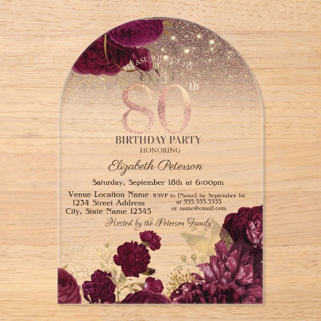  Burgundy Flowers Glitter Rose Gold 80thBirthday   Acrylic Invitations (Front)