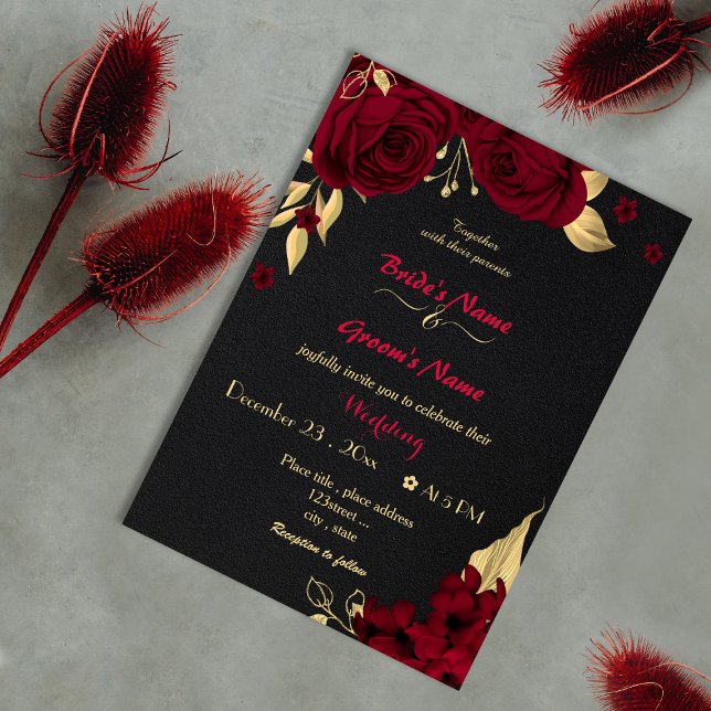 burgundy flowers gold black wedding invitation (Creator Uploaded)
