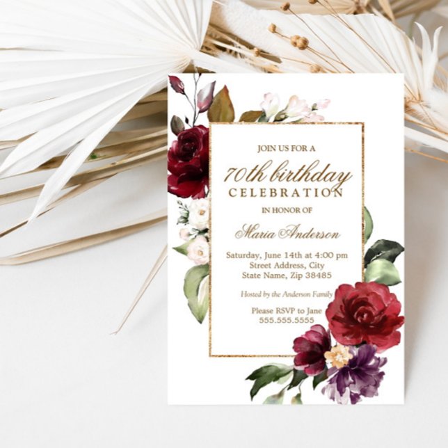 Burgundy Flowers Gold Border 70th Birthday Party Invitation (Creator Uploaded)