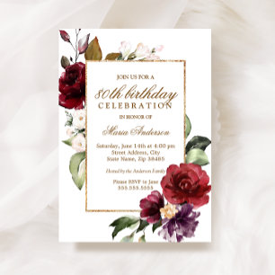 Burgundy Flowers Gold Border 80th Birthday Party Invitation