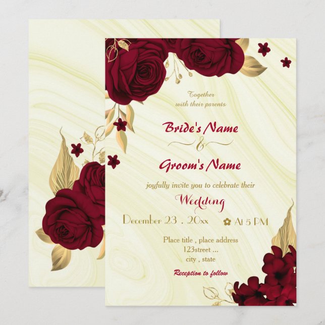 burgundy flowers gold floral marble wedding invitation (Front/Back)